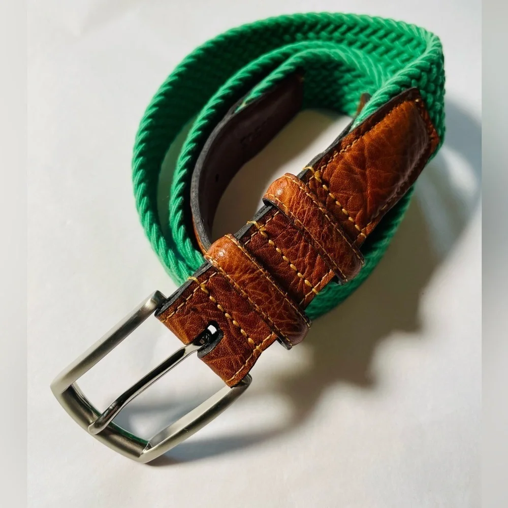 Torino Men's Green Knit Woven Stretch Belt Sz 38 69503 USA Italian Leather GOLF